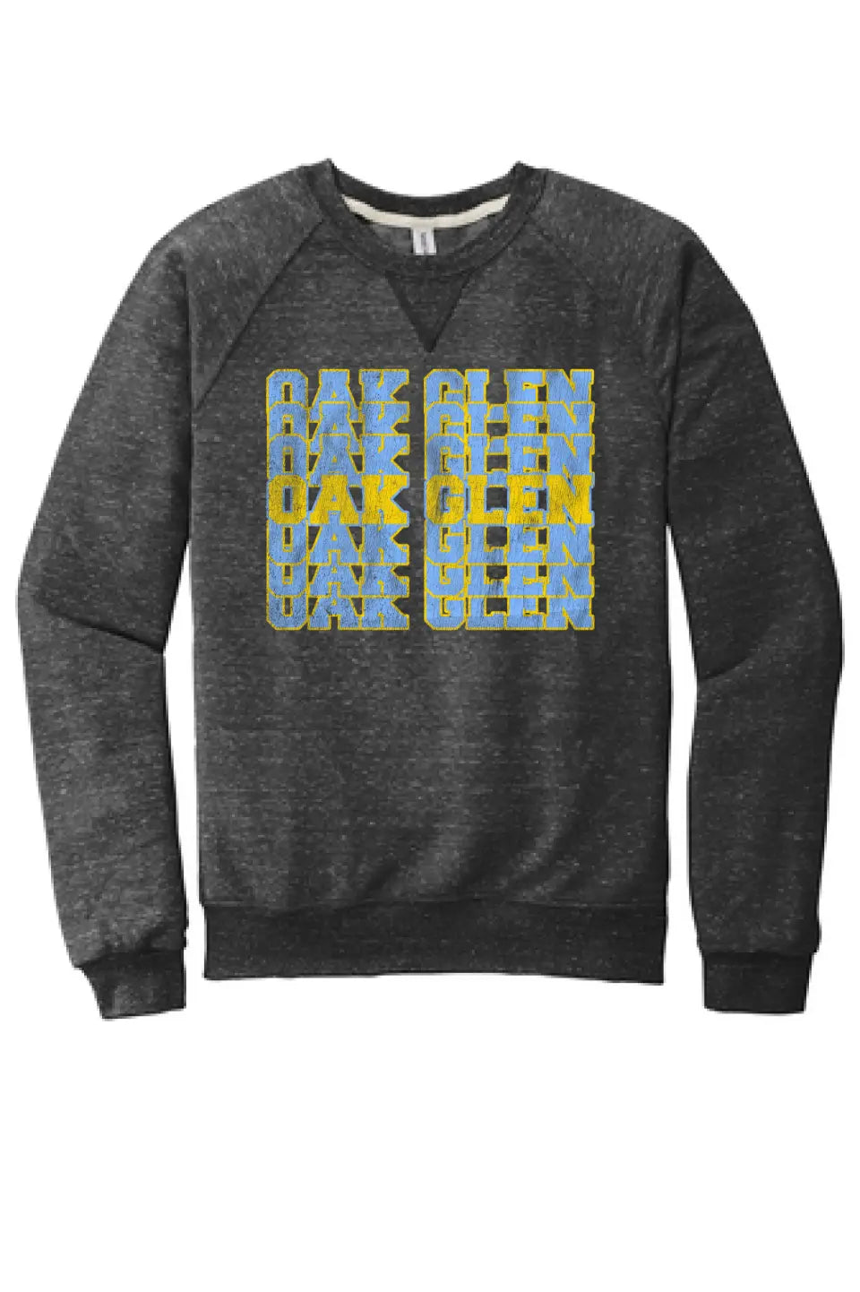 Oak Glen Distressed Repeating Jerzees Snow Heather French Terry Raglan Crew