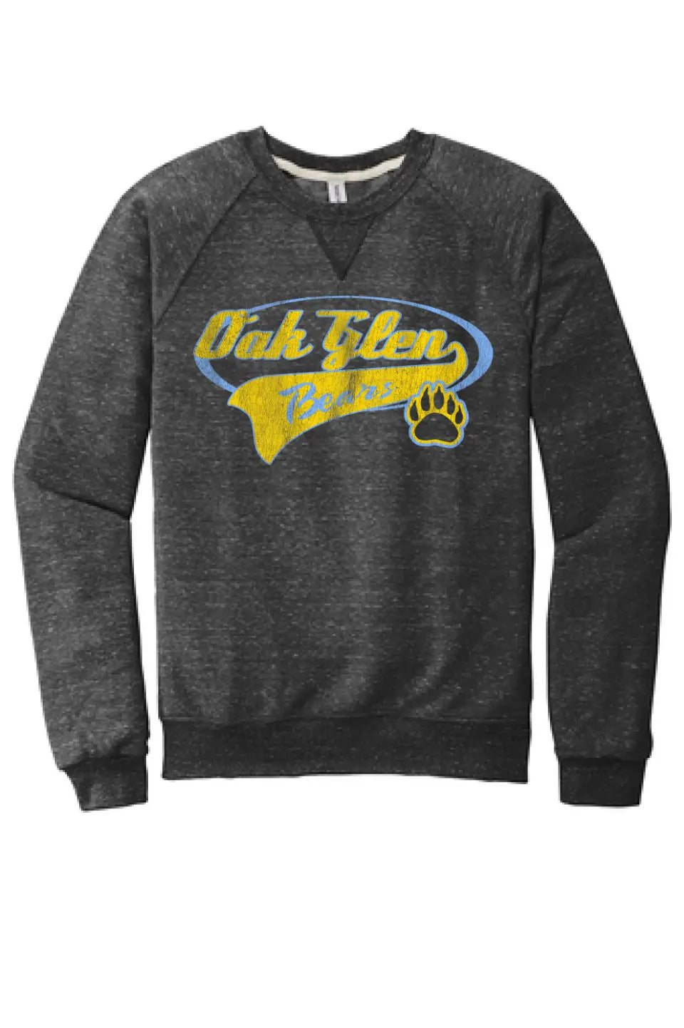 Oak Glen Distressed Tail Jerzees Snow Heather French Terry Raglan Crew