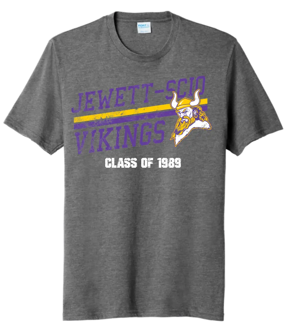 Jewett-Scio Vikings Rising Custom Graduation Year Distressed Design on Grey Tri-Blend Tee