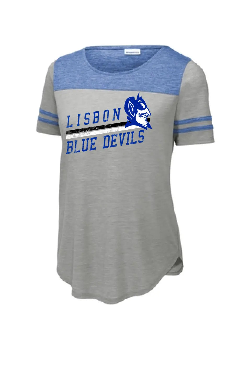 Lisbon Blue Devils Rising Distressed Ladies PosiCharge Tri-Blend Wicking Fan Tee