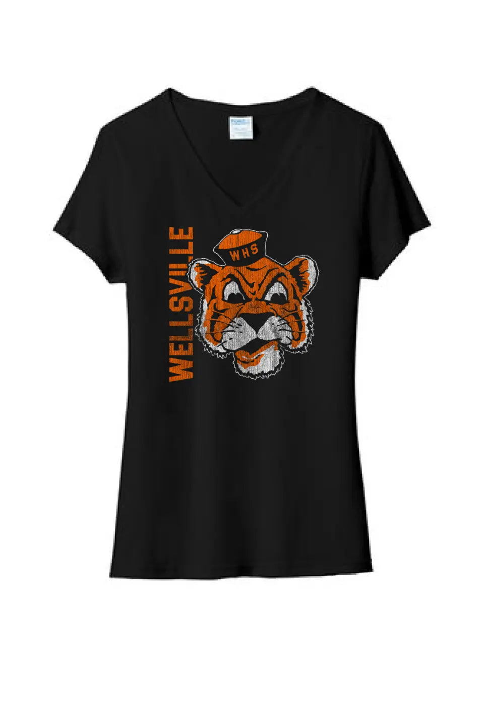 Wellsville Distressed Vintage Tiger Logo Ladies Tri-Blend V-Neck Tee