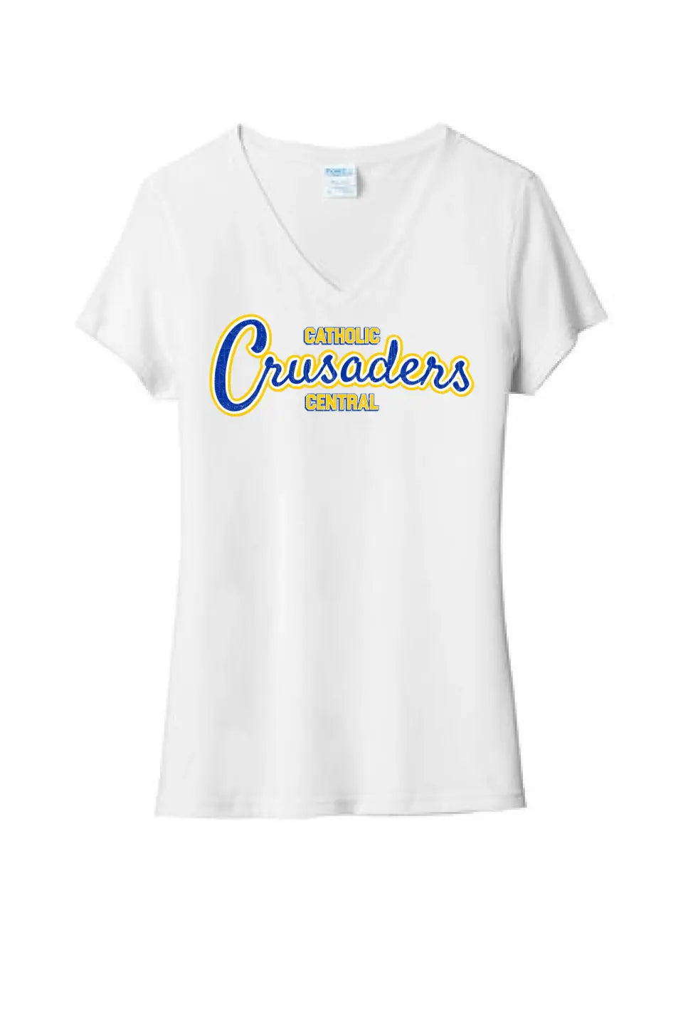 Steubenville Catholic Central Distressed Crusaders Script Ladies Tri-Blend V-Neck Tee