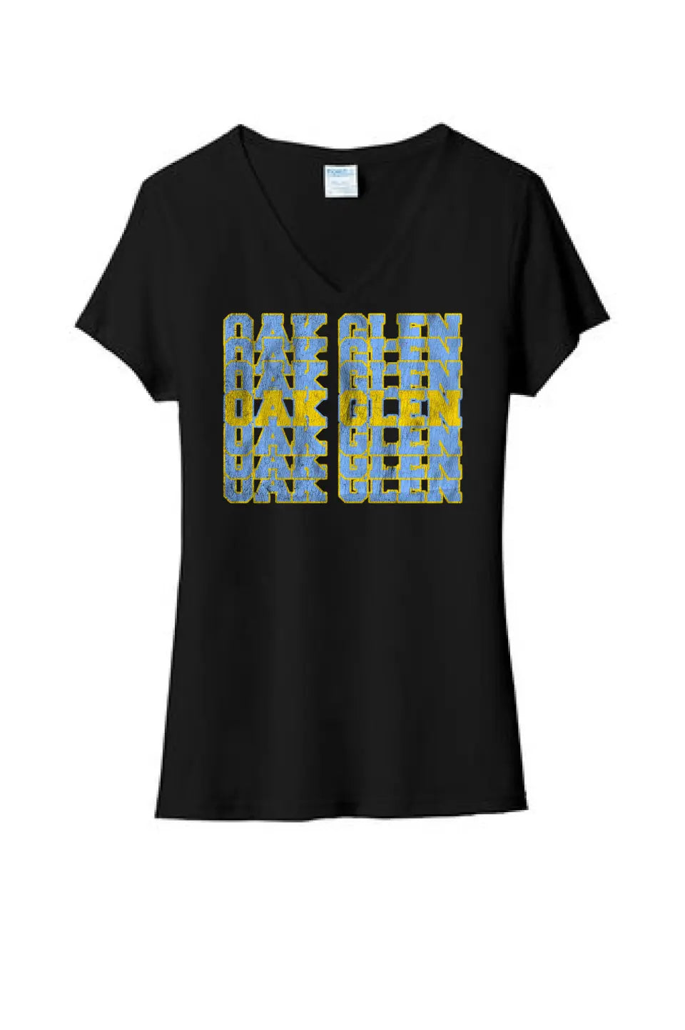 Oak Glen Distressed Repeating Ladies Tri-Blend V-Neck Tee
