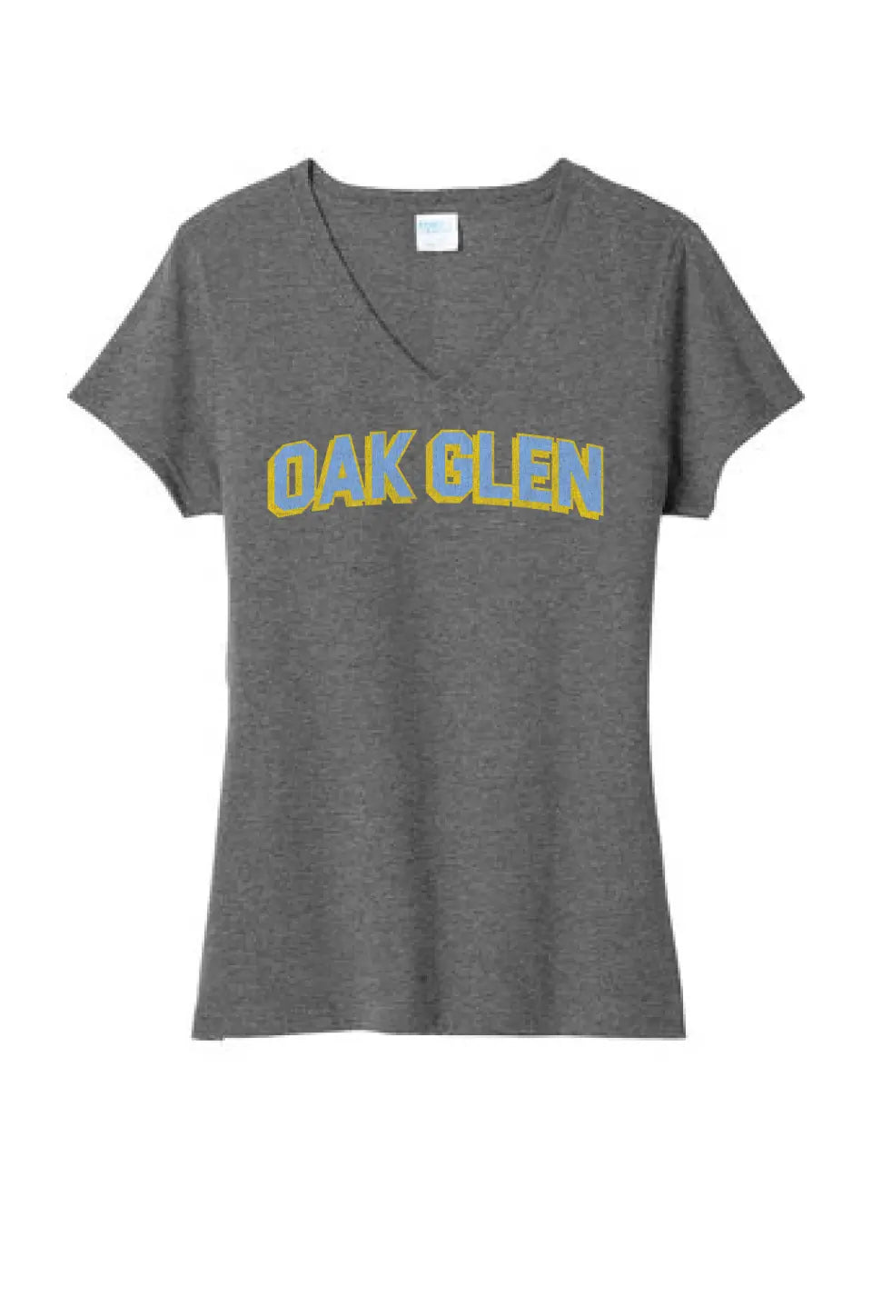 Oak Glen Distressed Letters Ladies Tri-Blend V-Neck Tee