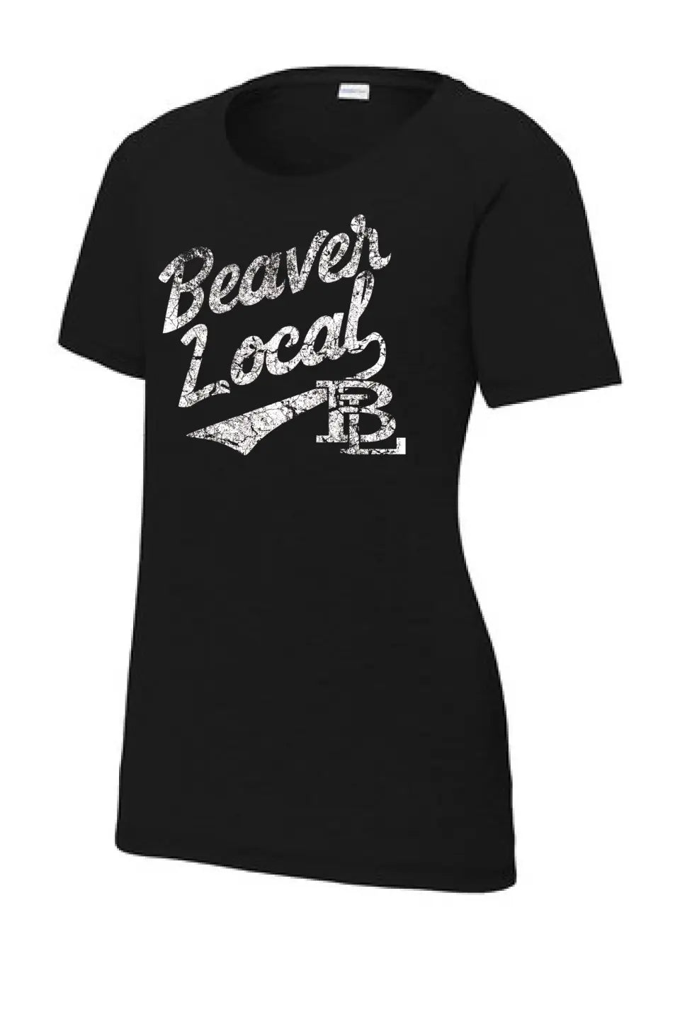Beaver Local Script Distressed Ladies PosiCharge Tri-Blend Wicking Scoop Neck Raglan Tee