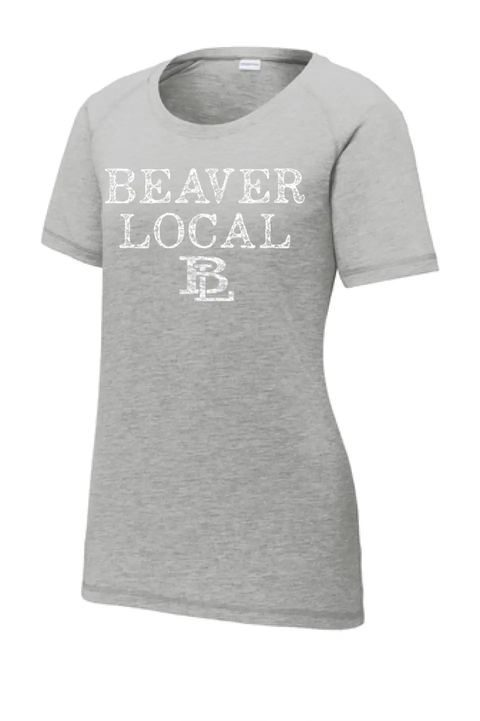 Beaver Local Distressed Ladies PosiCharge Tri-Blend Wicking Scoop Neck Raglan Tee