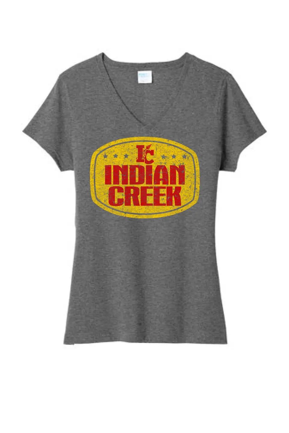 Indian Creek Distressed Badge Ladies Tri-Blend V-Neck Tee