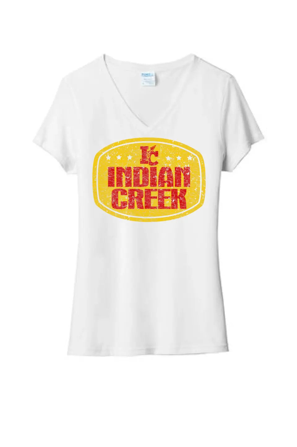 Indian Creek Distressed Badge Ladies Tri-Blend V-Neck Tee