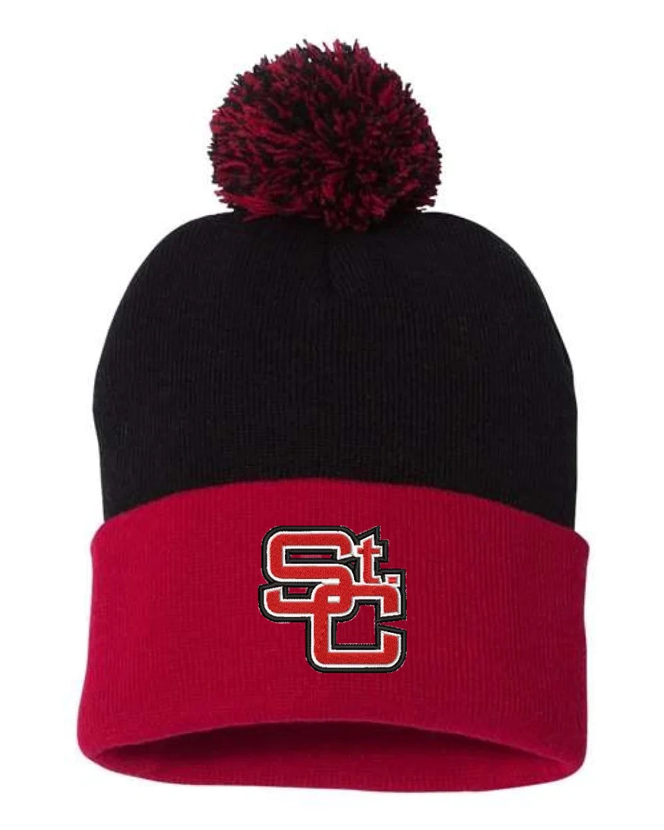 St. Clairsville Embroidery 12" Pom-Pom Cuffed Beanie