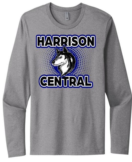 Harrison Central Huskies Background Fade Next Level Cotton Long Sleeve Tee