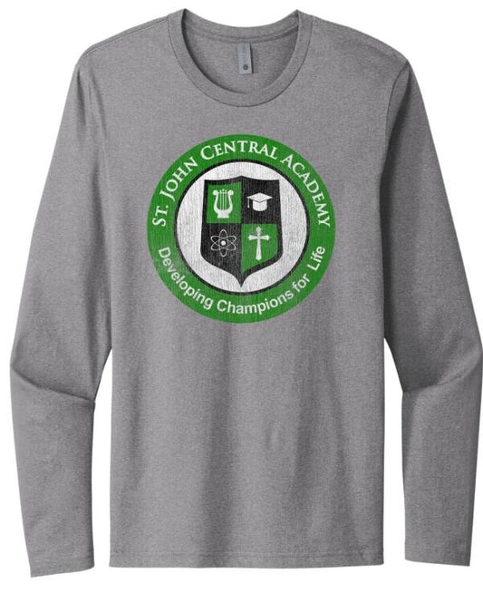 St. John Academy Distressed Logo Next Level Cotton Long Sleeve Tee