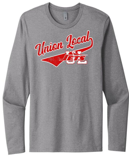 Union Local Jets Script Tail Distressed Next Level Cotton Long Sleeve Tee