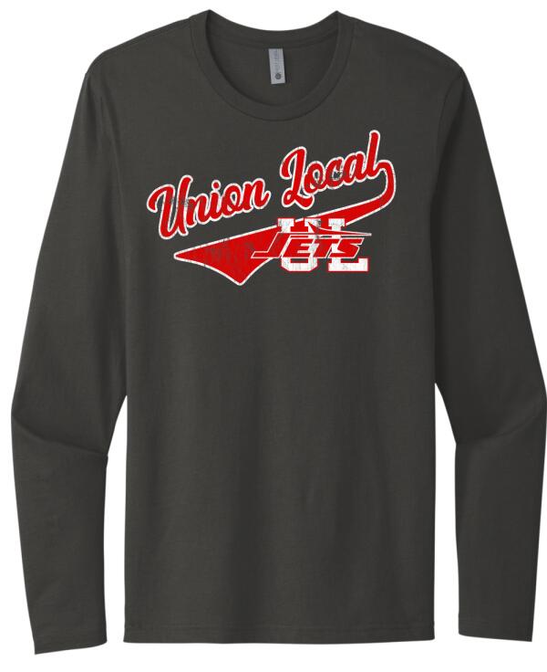 Union Local Jets Script Tail Distressed Next Level Cotton Long Sleeve Tee