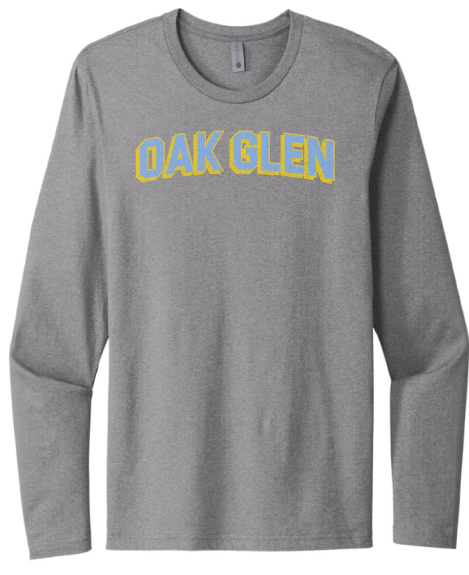 Oak Glen Distressed Letters Next Level Cotton Long Sleeve Tee