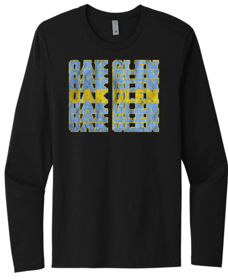 Oak Glen Distressed Repeating Next Level Cotton Long Sleeve Tee