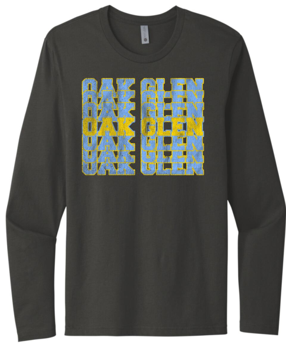 Oak Glen Distressed Repeating Next Level Cotton Long Sleeve Tee
