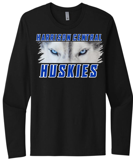Harrison Central Huskies Blue Eyes Design Next Level Cotton Long Sleeve Tee