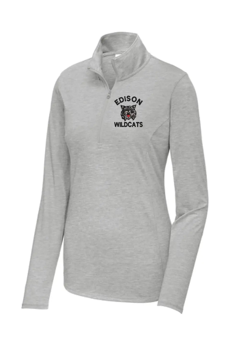 Edison Wildcats Embroidery on Gray Ladies PosiCharge Tri-Blend Wicking 1/4-Zip Pullover