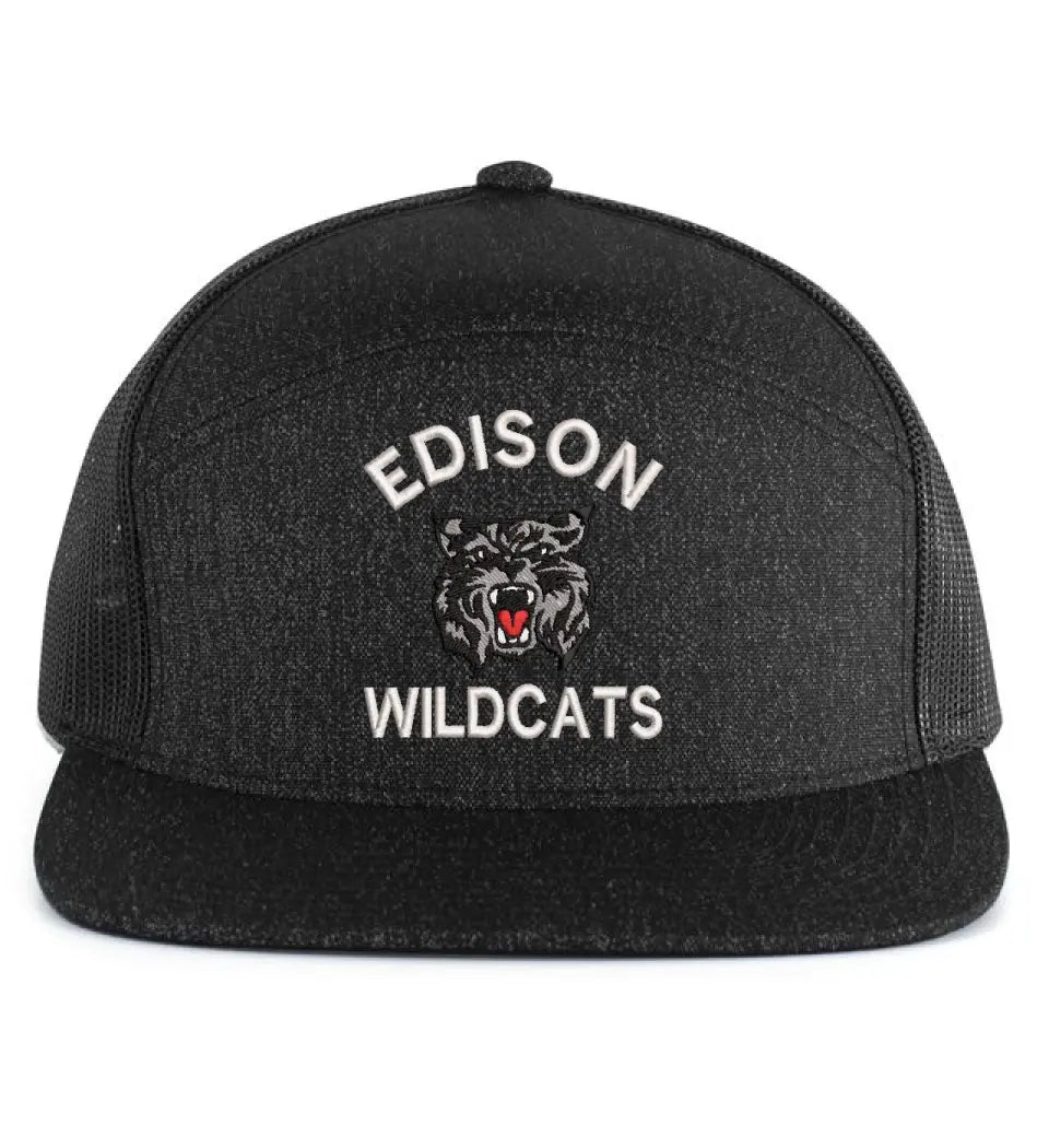 Edison Wildcats Embroidery on Black 6-Panel Arch Trucker Snapback Cap