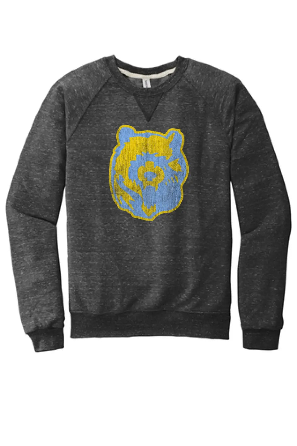 Oak Glen Distressed Bear Jerzees Snow Heather French Terry Raglan Crew