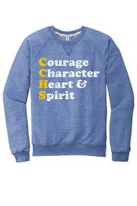 Steubenville Catholic Central Courage Character Heart Spirit Jerzees Snow Heather French Terry Raglan Crew