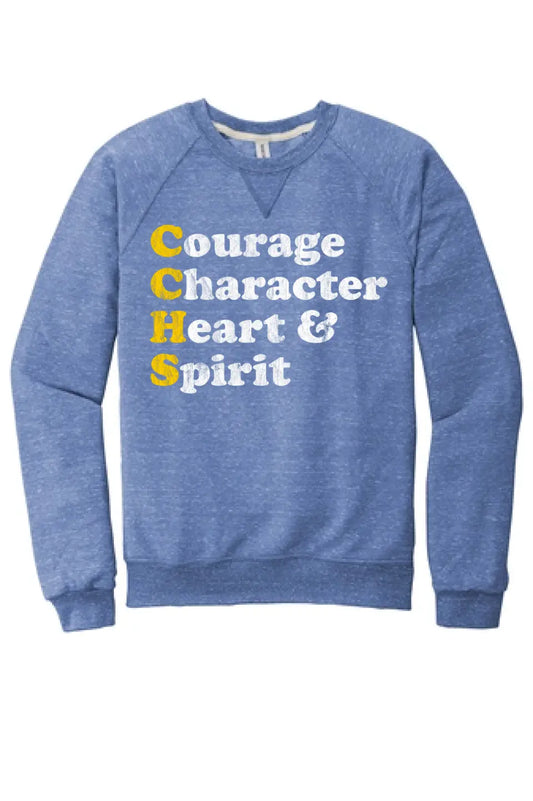 Steubenville Catholic Central Courage Character Heart Spirit Jerzees Snow Heather French Terry Raglan Crew