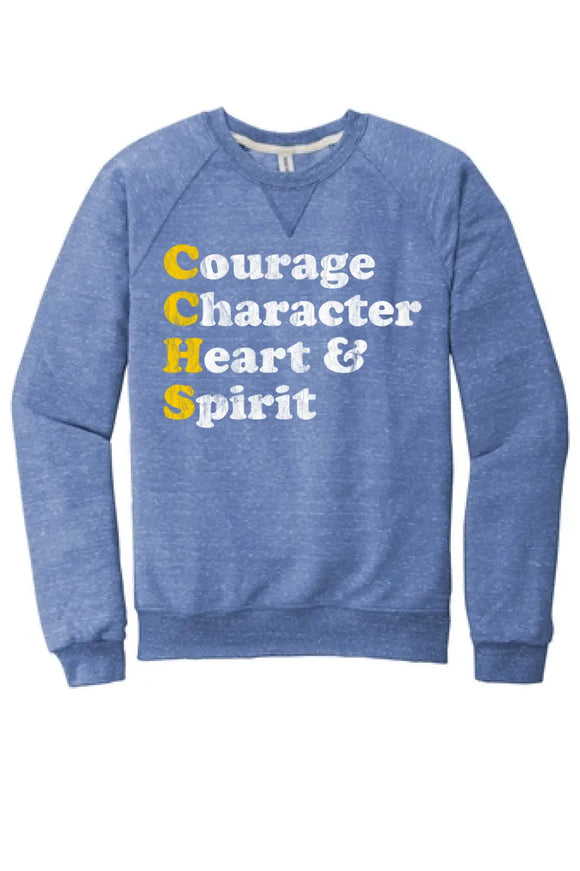 Steubenville Catholic Central Courage Character Heart Spirit Jerzees Snow Heather French Terry Raglan Crew
