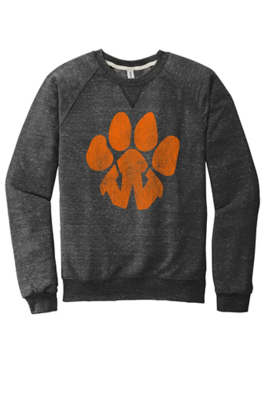 Wellsville Distressed Tiger Paw Logo Jerzees Snow Heather French Terry Raglan Crew