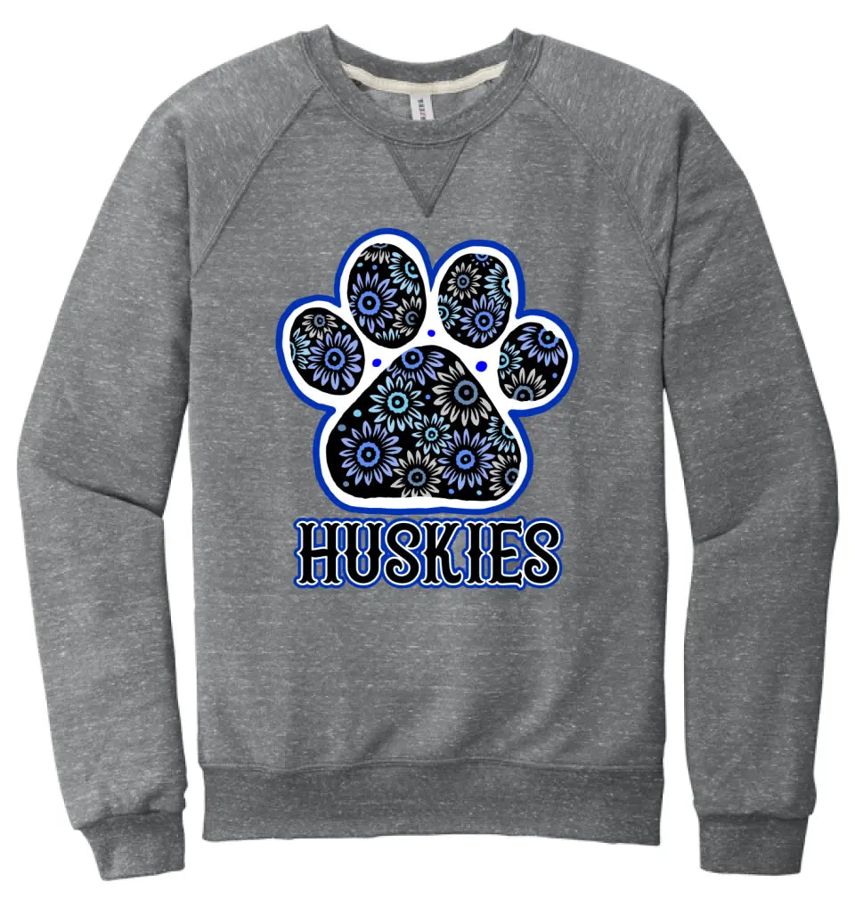 Huskies Flower Paw Jerzees Snow Heather French Terry Raglan Crew