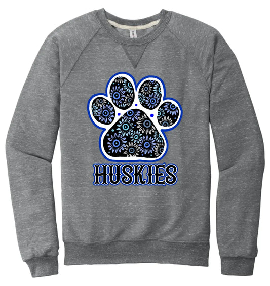 Huskies Flower Paw Jerzees Snow Heather French Terry Raglan Crew