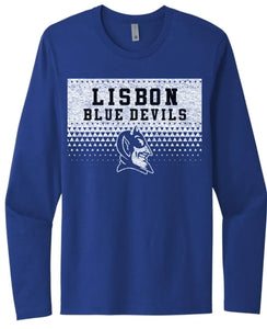 Lisbon Blue Devils Triangles Distressed Next Level Cotton Long Sleeve Tee