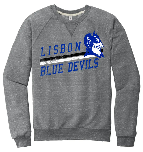 Lisbon Blue Devils Rising Distressed Jerzees Snow Heather French Terry Raglan Crew