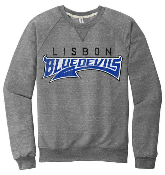 Lisbon Blue Devils Tail Distressed Jerzees Snow Heather French Terry Raglan Crew