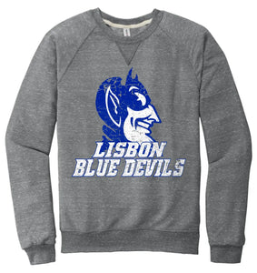 Lisbon Blue Devils Vast Distressed Jerzees Snow Heather French Terry Raglan Crew