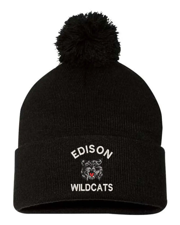 Edison Embroidery Pom-Pom Cuffed Beanie