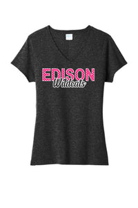 Edison Wildcats Hearts Ladies Tri-Blend V-Neck Tee