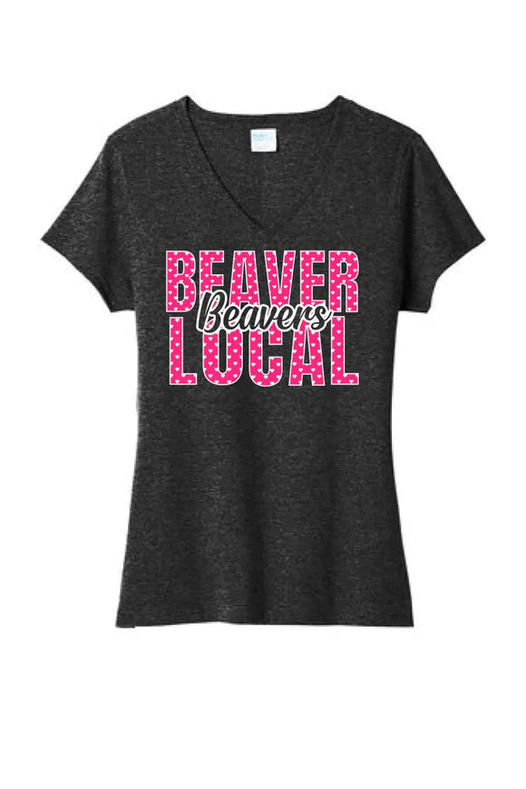 Beaver Local Beavers Hearts Ladies Tri-Blend V-Neck Tee