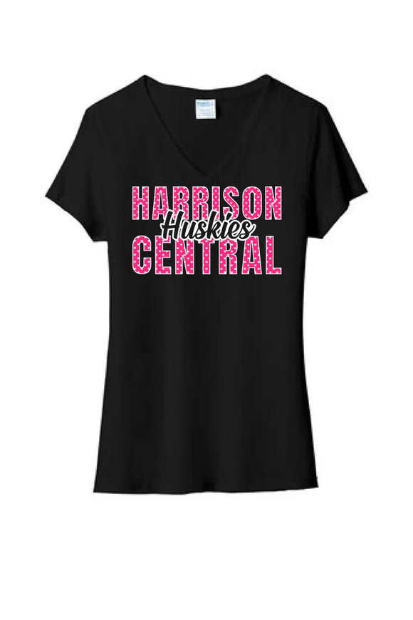 Harrison Central Huskies Hearts Ladies Tri-Blend V-Neck Tee