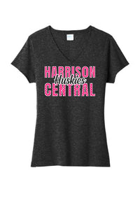 Harrison Central Huskies Hearts Ladies Tri-Blend V-Neck Tee