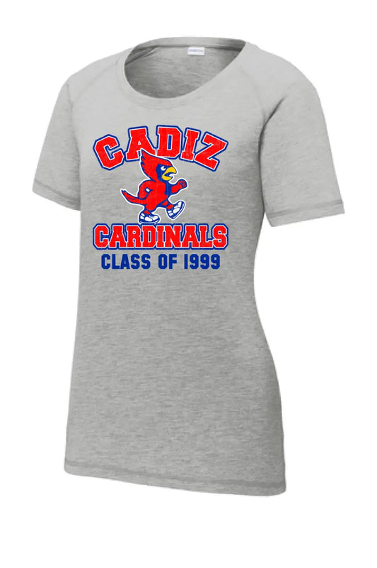 Cadiz Cardinals Walking Distressed Custom Graduation Year Ladies PosiCharge Tri-Blend Wicking Scoop Neck Raglan Tee