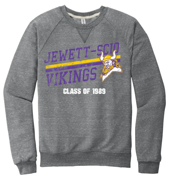 Jewett-Scio Vikings Rising Custom Graduation Year Distressed Design on Grey Jerzees Snow Heather French Terry Raglan Crew