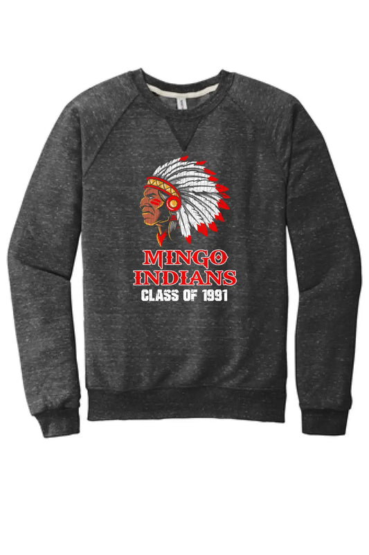Mingo Indians Distressed Design 01 Custom Graduation Jerzees Snow Heather French Terry Raglan Crew