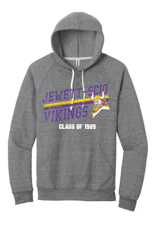 Jewett-Scio Vikings Rising Custom Graduation Year Distressed Design on Grey Jerzees Snow Heather French Terry Raglan Hoodie