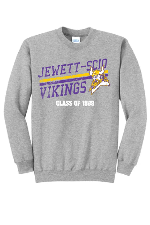 Jewett-Scio Vikings Rising Custom Graduation Year Distressed Design on Grey Core Fleece Crewneck Sweatshirt