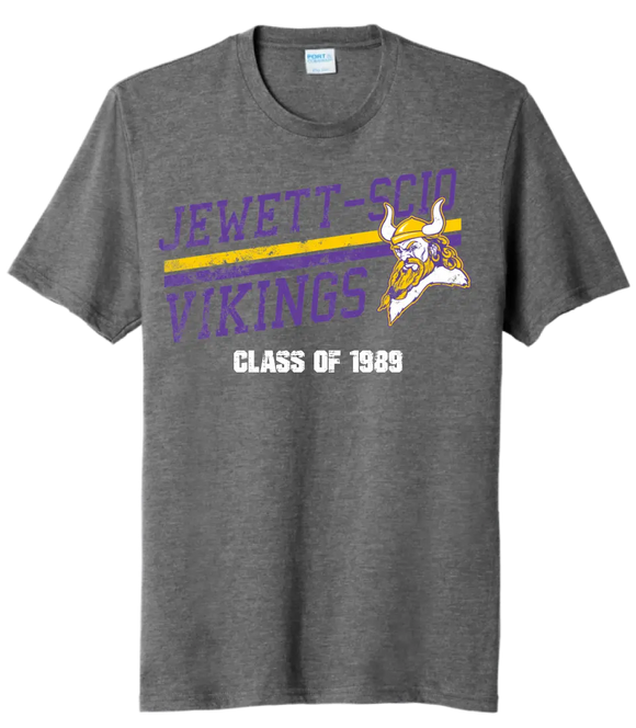 Jewett-Scio Vikings Rising Custom Graduation Year Distressed Design on Grey Tri-Blend Tee