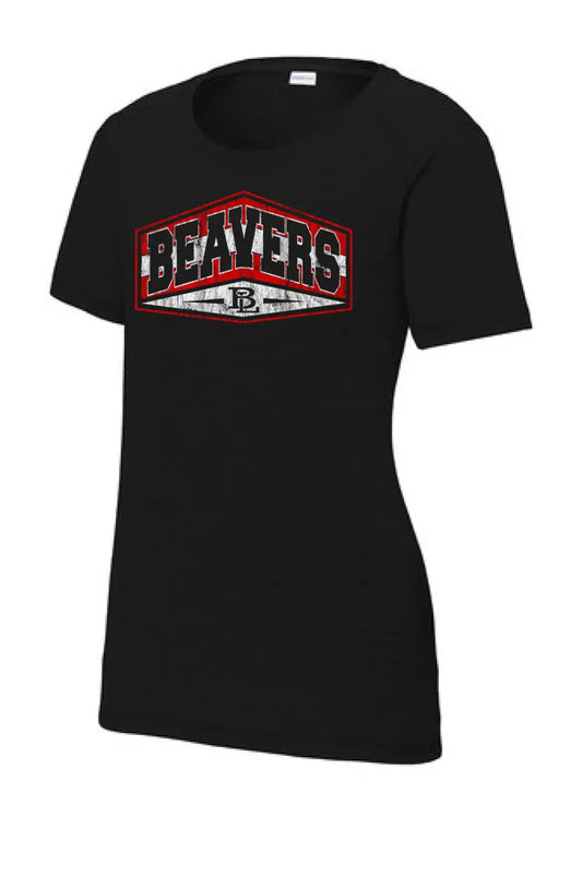 Beaver Local 2023-15 Distressed Ladies PosiCharge Tri-Blend Wicking Scoop Neck Raglan Tee