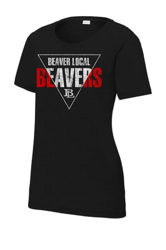 Beaver Local 2023-07 Distressed Ladies PosiCharge Tri-Blend Wicking Scoop Neck Raglan Tee