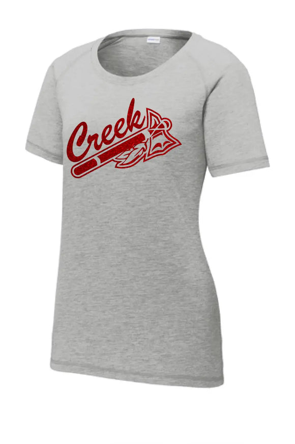 Indian Creek Red Glitter Tomahawk Ladies PosiCharge Tri-Blend Wicking Scoop Neck Raglan Tee