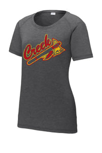 Indian Creek Tomahawk on Grey Ladies PosiCharge Tri-Blend Wicking Scoop Neck Raglan Tee