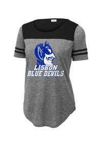 Lisbon Blue Devils Vast Distressed Ladies PosiCharge Tri-Blend Wicking Fan Tee